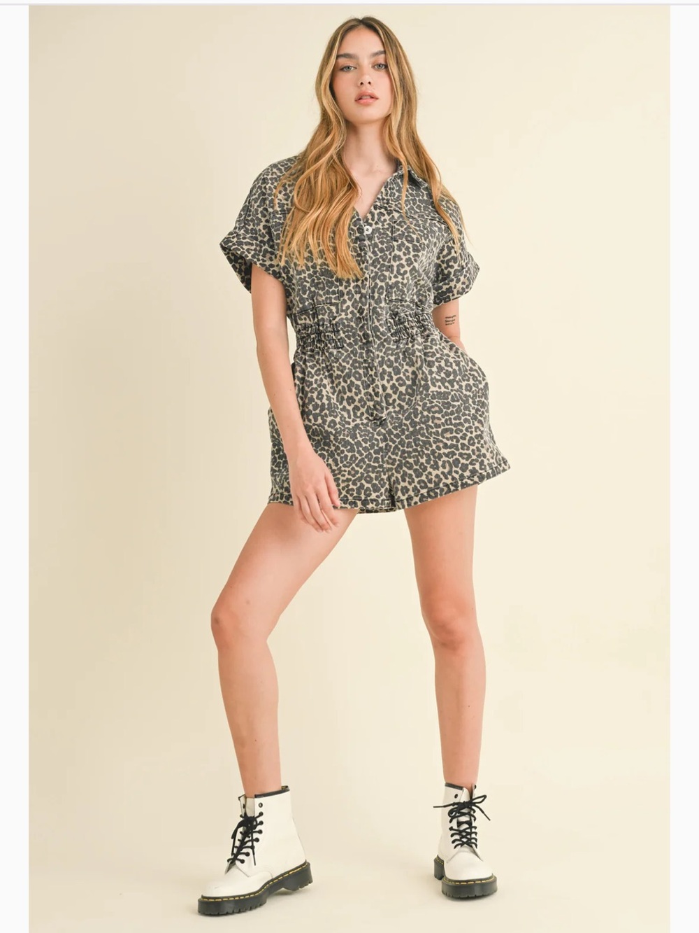 NWOT Leopard Print Short Sleeve Romper - Taupe & Black